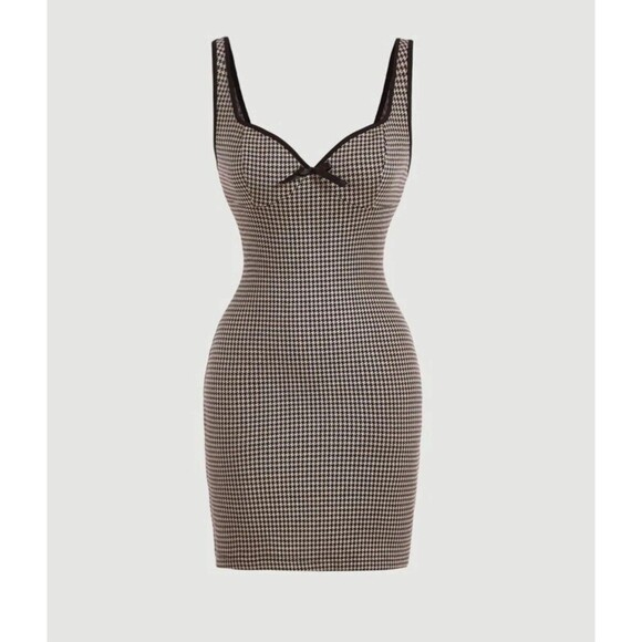 Unbranded Dresses & Skirts - Coffee Colored Dark Academia Houndstooth Print Binding Bodycon Dress Sz L